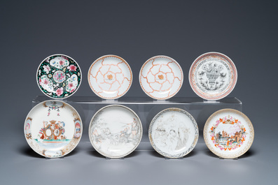 A varied collection of Chinese famille rose and grisaille cups and saucers and a 'rooster' bowl, Yongzheng/Qianlong