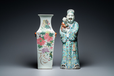 A square Chinese qianjiang cai vase and a 'star god' figure, 19/20th C.