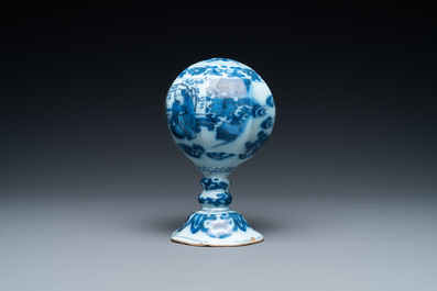 A rare Dutch Delft blue and white chinoiserie children's wig stand, late 17th C.