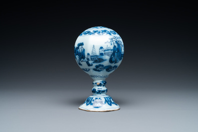 A rare Dutch Delft blue and white chinoiserie children's wig stand, late 17th C.