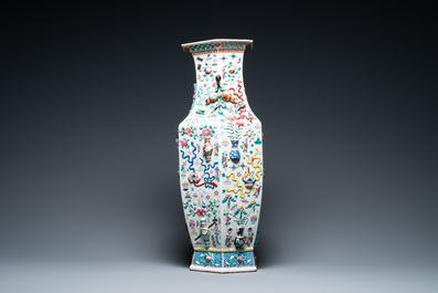 A Chinese hexagonal famille rose 'antiquities' vase, 19th C.