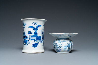 A Chinese blue and white brush pot and a spittoon, Kangxi