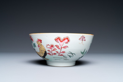 A varied collection of Chinese famille rose and grisaille cups and saucers and a 'rooster' bowl, Yongzheng/Qianlong