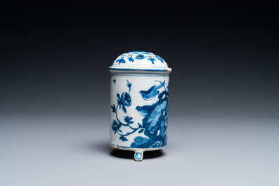 A Dutch Delft blue and white tripod caster with birds near blossoms, 1st half 18th C.