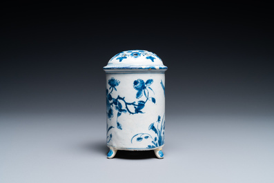 A Dutch Delft blue and white tripod caster with birds near blossoms, 1st half 18th C.