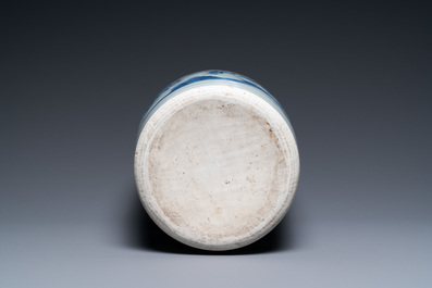 A Chinese blue and white 'Eight immortals in a rocky landscape' vase, Transitional period