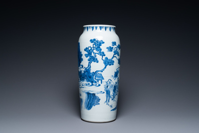 Un vase en porcelaine de Chine en bleu et blanc &agrave; d&eacute;cor d'Immortels dans un paysage, &eacute;poque Transition