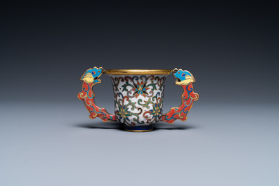 A Chinese cloisonn&eacute; two-handled 'lotus scroll' cup on stand, 18/19th C.