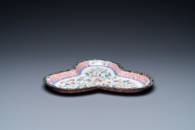 A three-lobed Chinese Canton enamel dish, Qianlong