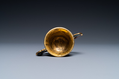 A Chinese cloisonn&eacute; two-handled 'lotus scroll' cup on stand, 18/19th C.