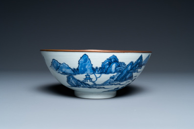 A Chinese 'Bleu de Hue' bowl for the Vietnamese market with the Hai Van mountains, Thanh Ngoan mark for Nguyen Phuc Chu, Kangxi