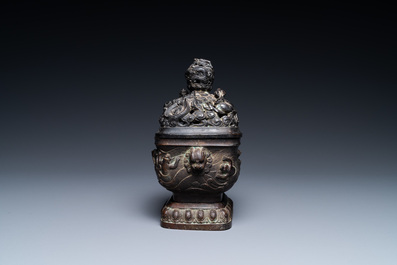 A Chinese bronze 'mythical beasts' censer and cover, 17th C.