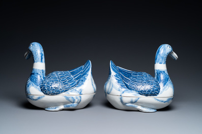 A pair of Chinese blue and white duck-shaped tureens and covers, Republic