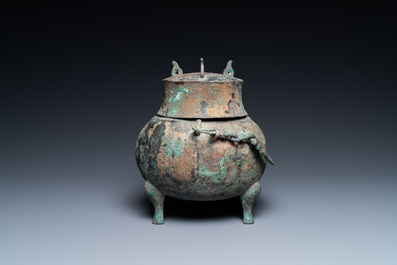 A Chinese bronze ritual tripod 'houlou' wine vessel and cover, western Han