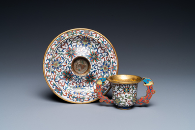 A Chinese cloisonn&eacute; two-handled 'lotus scroll' cup on stand, 18/19th C.