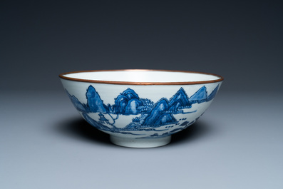 A Chinese 'Bleu de Hue' bowl for the Vietnamese market with the Hai Van mountains, Thanh Ngoan mark for Nguyen Phuc Chu, Kangxi