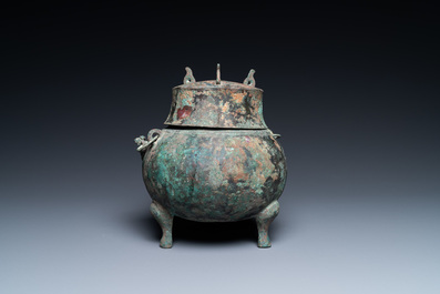 A Chinese bronze ritual tripod 'houlou' wine vessel and cover, western Han