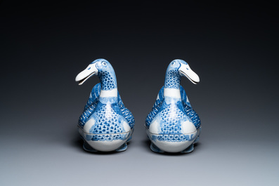 A pair of Chinese blue and white duck-shaped tureens and covers, Republic