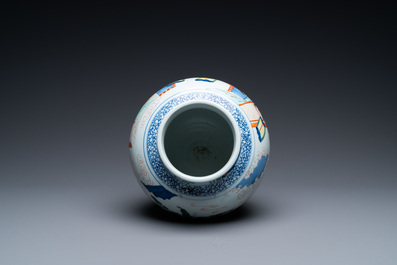 A Chinese globular wucai vase with narrative design, 19/20th C.