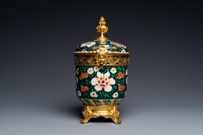 A Chinese gilt bronze-mounted famille noire bowl and cover, Qianlong