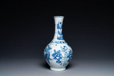 A Chinese blue and white bottle vase depicting four figures, Transitional period