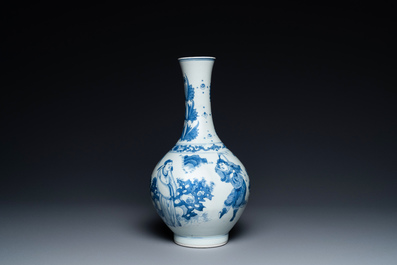 A Chinese blue and white bottle vase depicting four figures, Transitional period