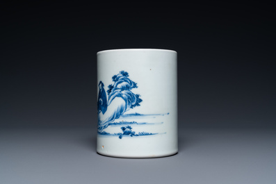 A Chinese blue and white 'bitong' brush pot with a scholar near a rock, Kangxi