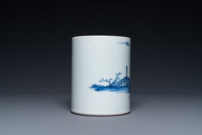 A Chinese blue and white 'bitong' brush pot with a scholar near a rock, Kangxi