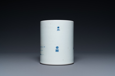 A Chinese blue and white 'bitong' brush pot with a scholar near a rock, Kangxi