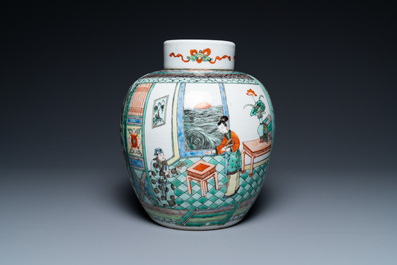 A large Chinese famille verte jar and cover, 19th C.