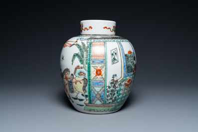 A large Chinese famille verte jar and cover, 19th C.