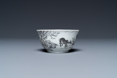 A Chinese grisaille cup and saucer with buffaloes, Yongzheng