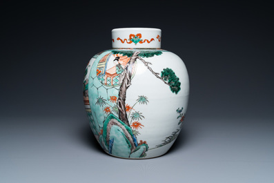 A large Chinese famille verte jar and cover, 19th C.