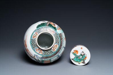 A large Chinese famille verte jar and cover, 19th C.