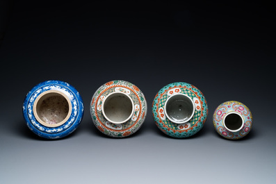 Four various Chinese famille rose, verte and blue and white vases, 19/20th C.