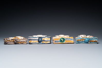 Four Spanish polychrome triangular spice boxes, Talavera, 18th C.