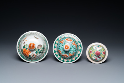 Four various Chinese famille rose, verte and blue and white vases, 19/20th C.