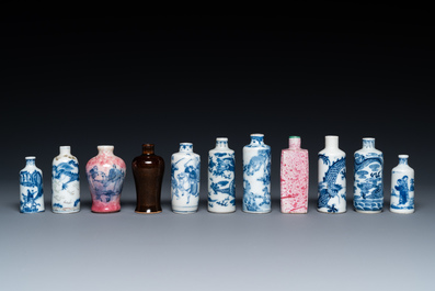 Eleven Chinese mostly blue and white snuff bottles, 19/20th C.