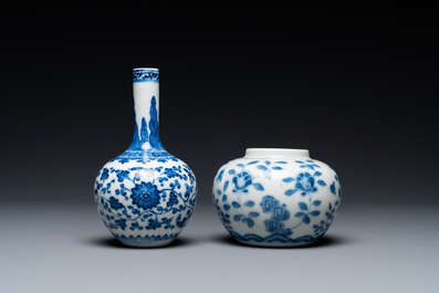 A Chinese blue and white 'soft paste' Ming-style bottle vase and a water pot, Qianlong and 19th C.