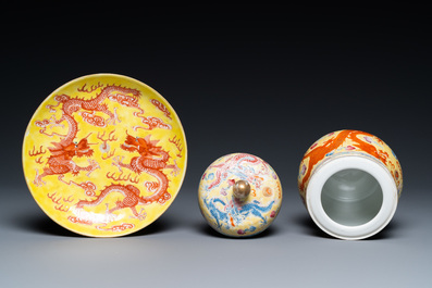 A Chinese yellow-ground 'dragon' tazza, a covered bowl and a wine cup, 19/20th C.