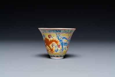 A Chinese yellow-ground 'dragon' tazza, a covered bowl and a wine cup, 19/20th C.