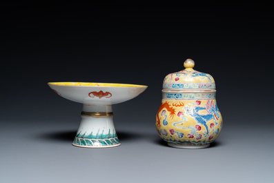 A Chinese yellow-ground 'dragon' tazza, a covered bowl and a wine cup, 19/20th C.