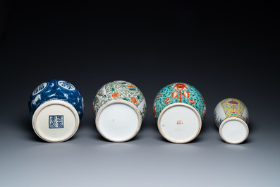 Four various Chinese famille rose, verte and blue and white vases, 19/20th C.