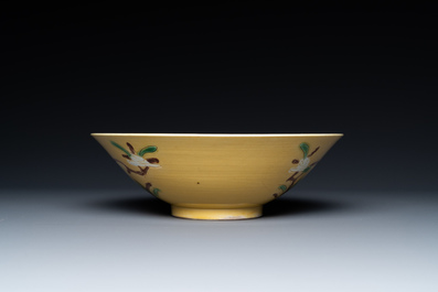 A Chinese yellow-ground 'brinjal' biscuit bowl, Kangxi
