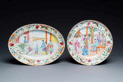 Un plat ovale et un plat rond en porcelaine de Chine famille rose de Canton, 19&egrave;me