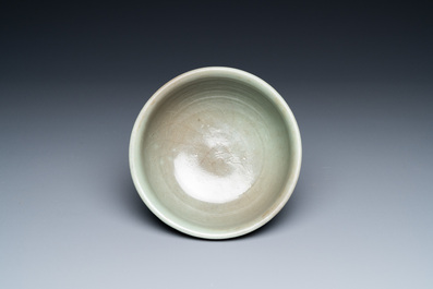 A Chinese Longquan celadon stem cup with underglaze design, Ming