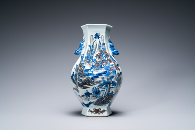 A Chinese blue, white and copper-red 'mountainous landscape' vase, 19th C.