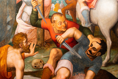 Vlaamse school: Romeinse soldaten vechten hun dobbelspel uit voor Christus aan het kruis, olie op paneel, 1e helft 16e eeuw