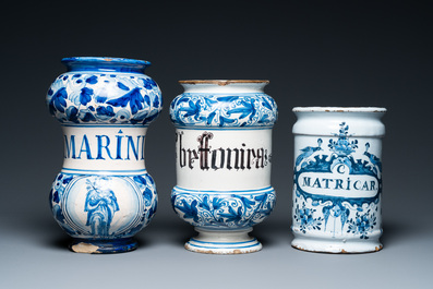 Two Italian and one Dutch Delft blue and white pharmacy jars, 17/18th C.