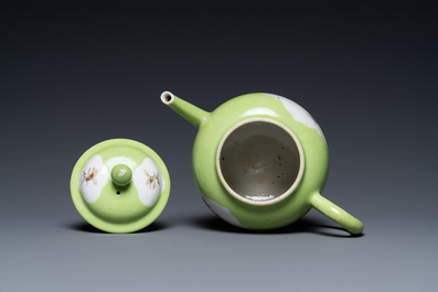 A Chinese iron red and grisaille lime green-ground teapot and cover, Qianlong